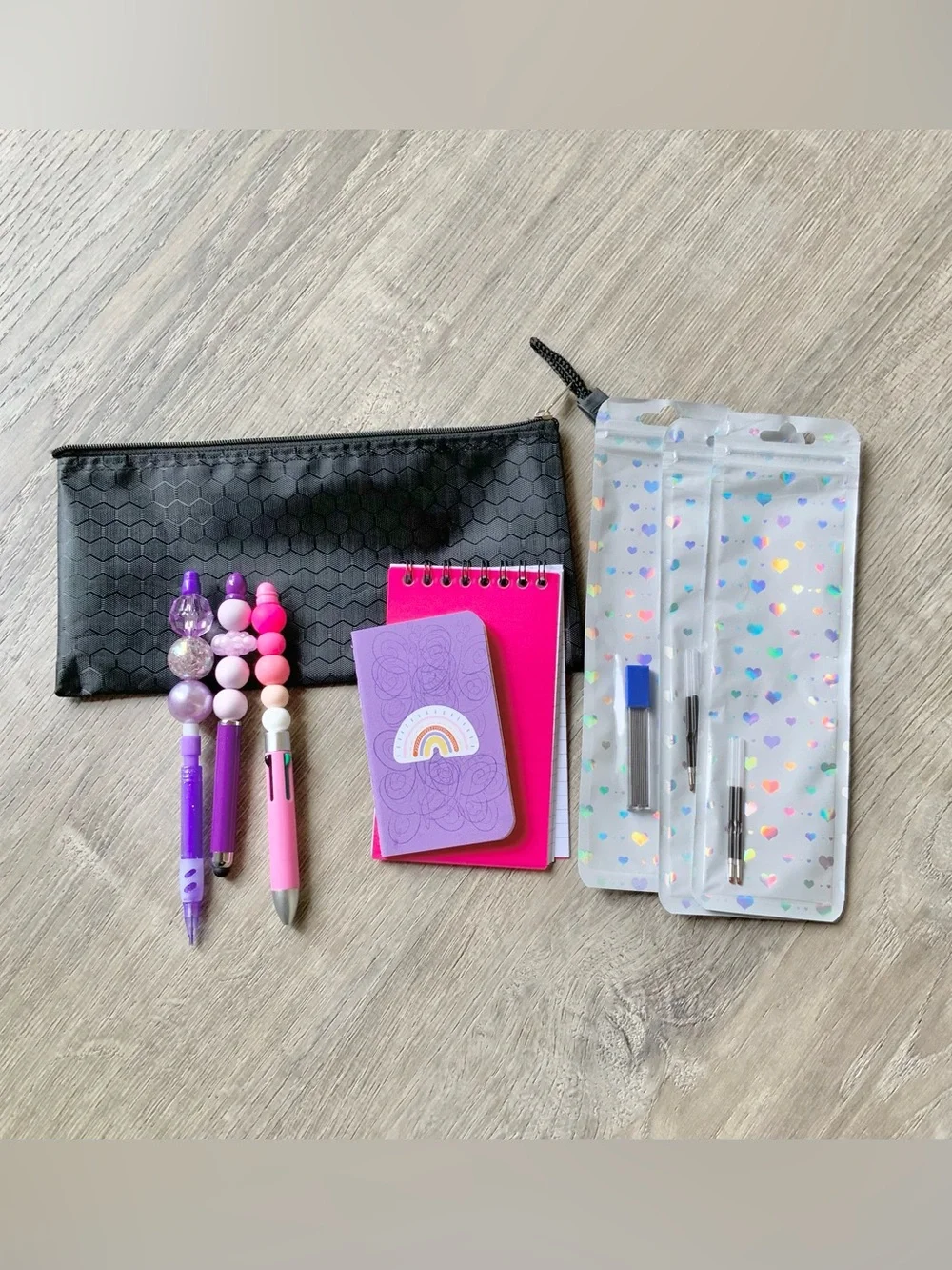 Hand Crafted Stationery Set w/ Beaded Pens, Pencil, Pencil Case & Notebooks